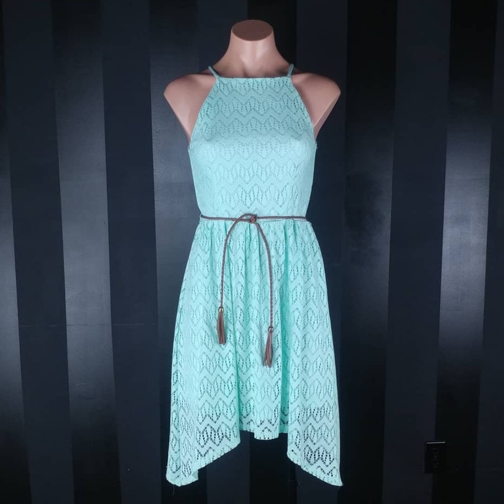 Mint Halter Dress - a line - lace with belt